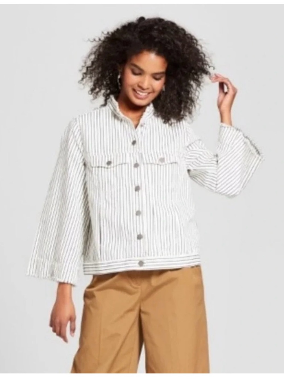 Who What Wear White and Black Striped Button-Front Jean Jacket size: M